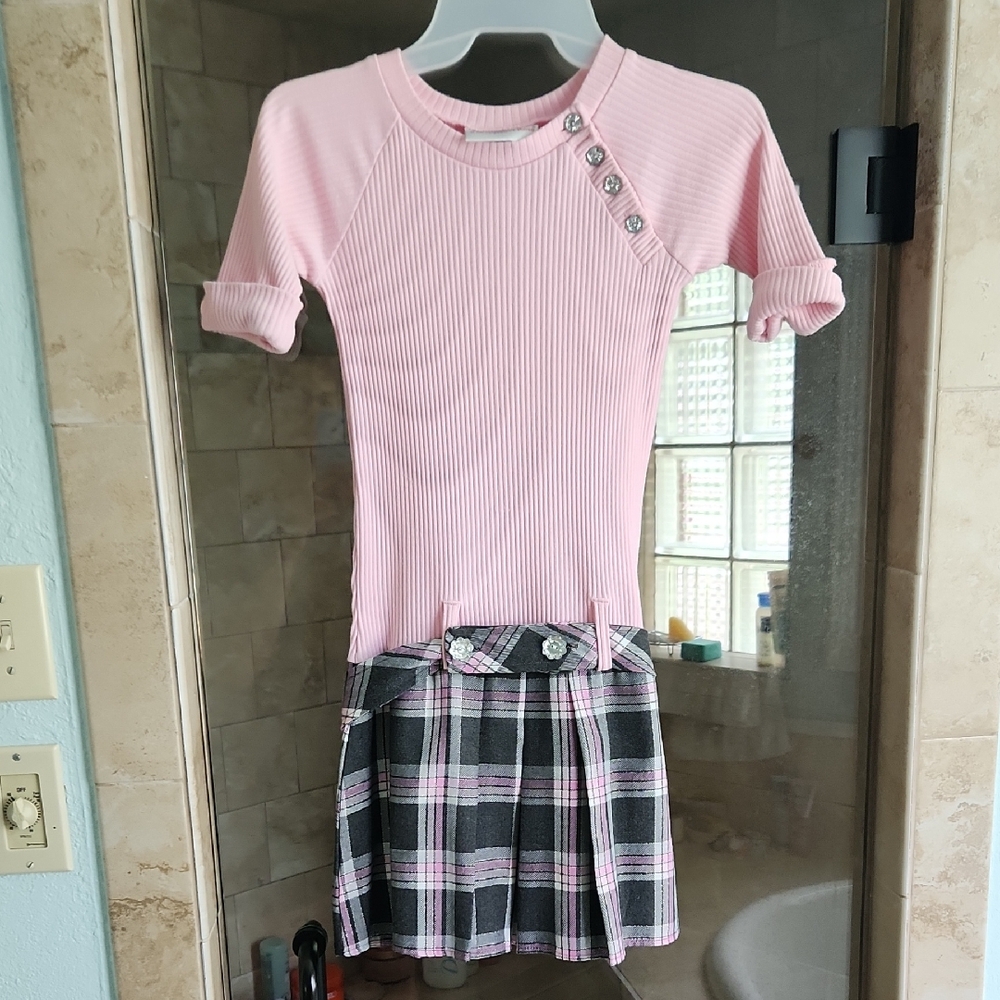 Sweet Rose Pink Ribbed Top Dress With Grey Pleated Skirt